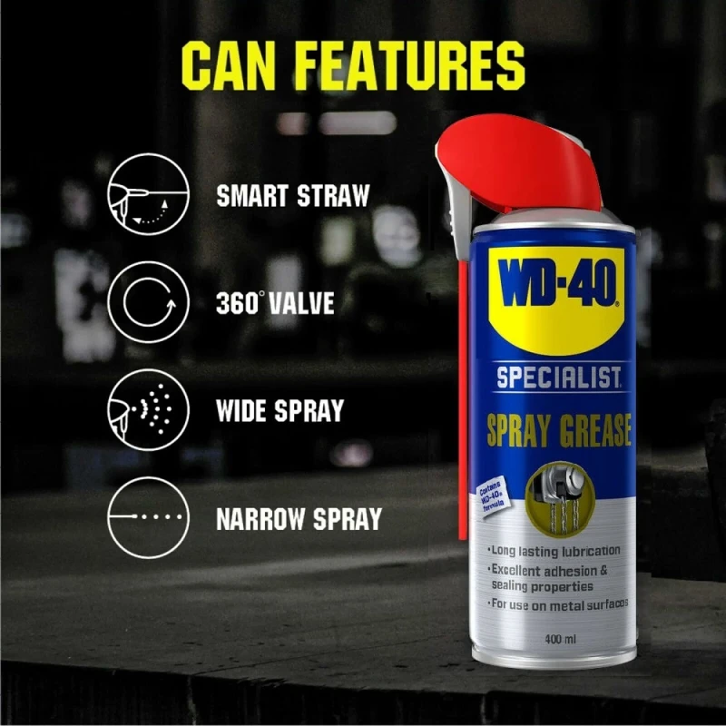 WD40 Specialist Spray Grease Lubricant can with smart straw, 360-degree valve, wide and narrow spray options.