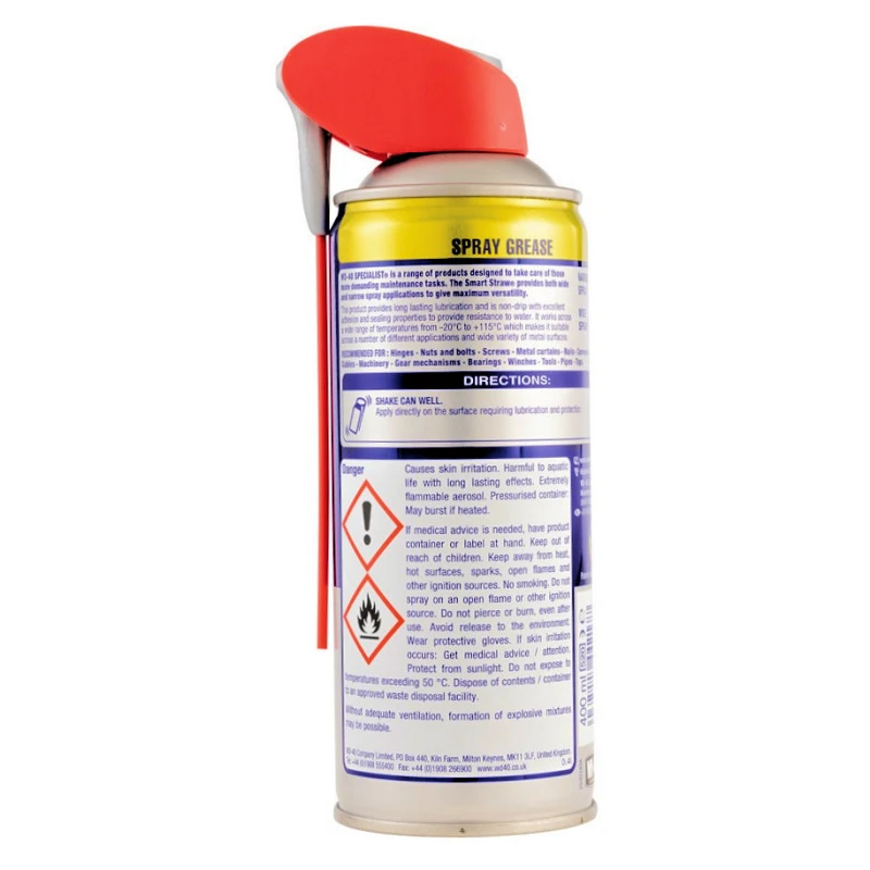 Back view of WD40 Specialist Spray Grease Lubricant 400ml can with red nozzle and safety instructions.