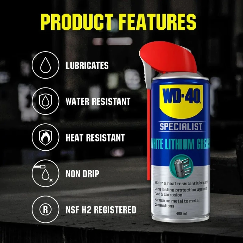WD40 Specialist Spray White Lithium Grease Lubricant 400ml can with product features listed: lubricates, water resistant, heat resistant, non-drip, NSF H2 registered.