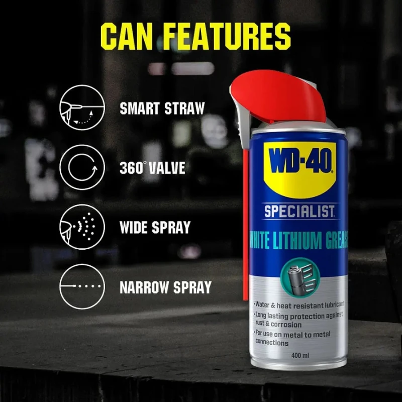 WD40 Specialist Spray White Lithium Grease Lubricant can with smart straw, 360-degree valve, wide and narrow spray features.