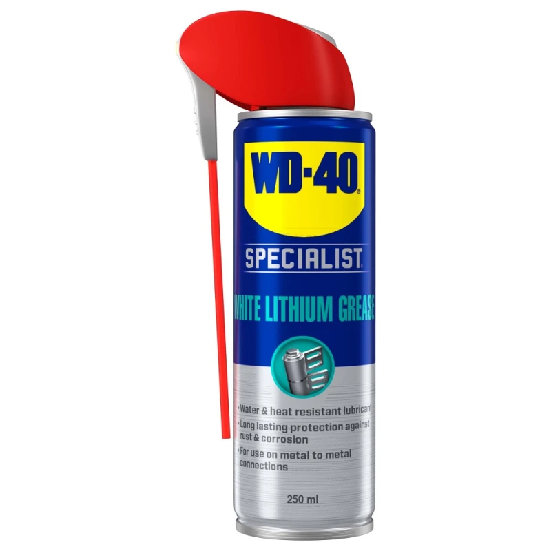 WD-40 Specialist White Lithium Grease Lubricant 400ml can with red spray nozzle.
