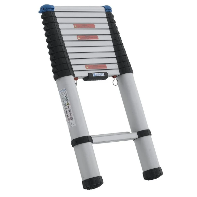 Zarges 2.9m soft close telescopic ladder in a folded position with black and silver design.
