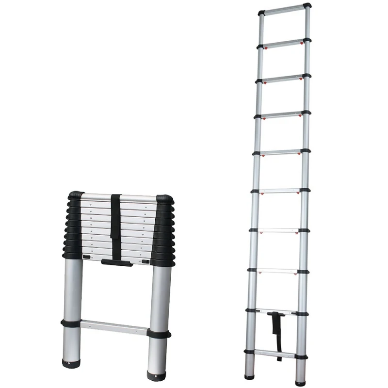 Showing a Zarges 2.9m soft close telescopic ladder, fully extended and compacted.