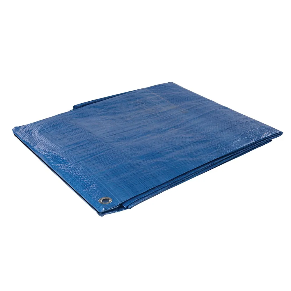 Folded Blue Tarpaulin Sheet with Metal Eyelet Silverline – Multi Use Builders Tarpaulin – Blue, 3m x 3.6m (427565)