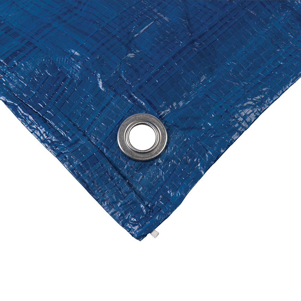 Angled view of blue tarpaulin corner with circular grommet for tie-down