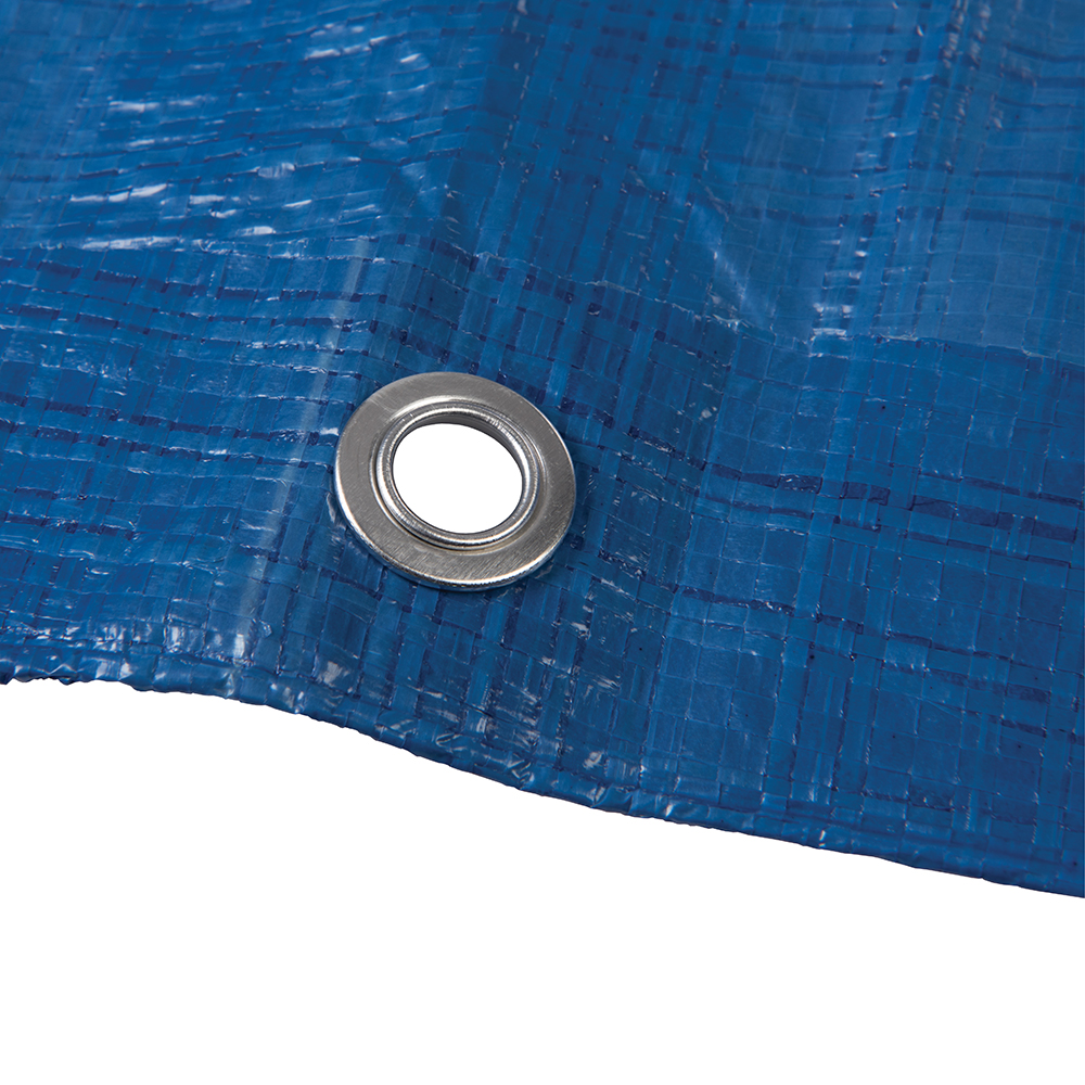 Close-up of eyelet and reinforced edge on waterproof blue tarpaulin sheet