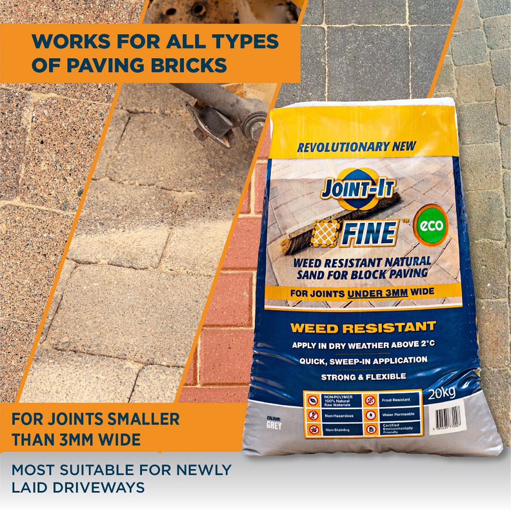 Bag of Joint-It Fine sand for paving bricks, suitable for joints under 3mm, shown with various types of paving.
