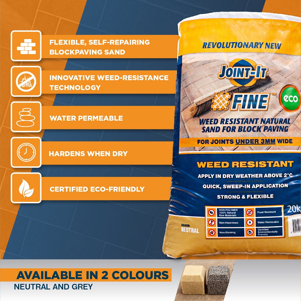 Joint-It Fine weed resistant natural sand for block paving, featuring eco-friendly and water permeable properties.