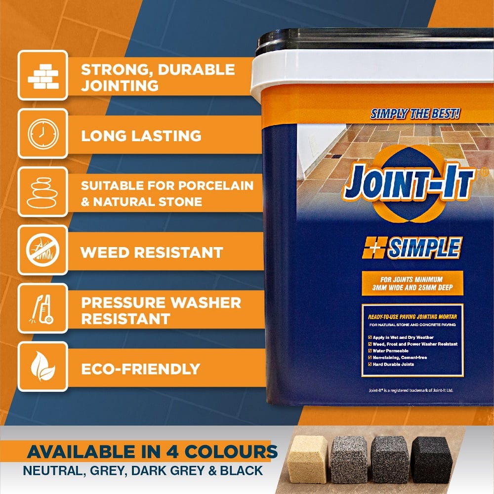 Joint-It Simple jointing mortar display with product tubs and key benefits like strong bond, weed resistance, and eco-safe formula