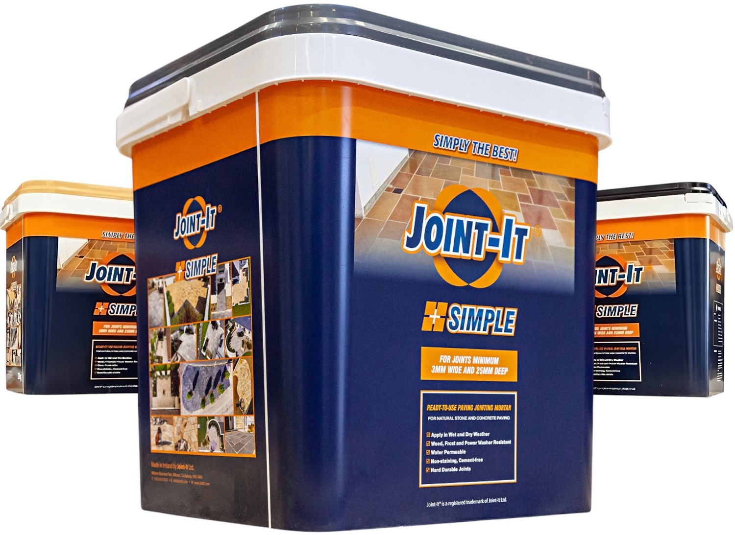 Stacked containers of Joint-It Simple jointing compound