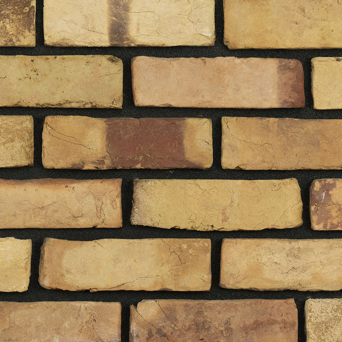 Mixed-toned brick wall featuring deep black mortar lines