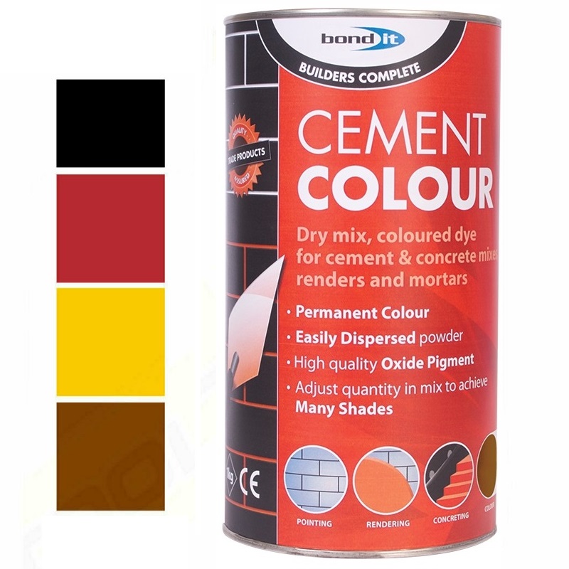 Selection of black, brown, red, and yellow powdered cement dyes