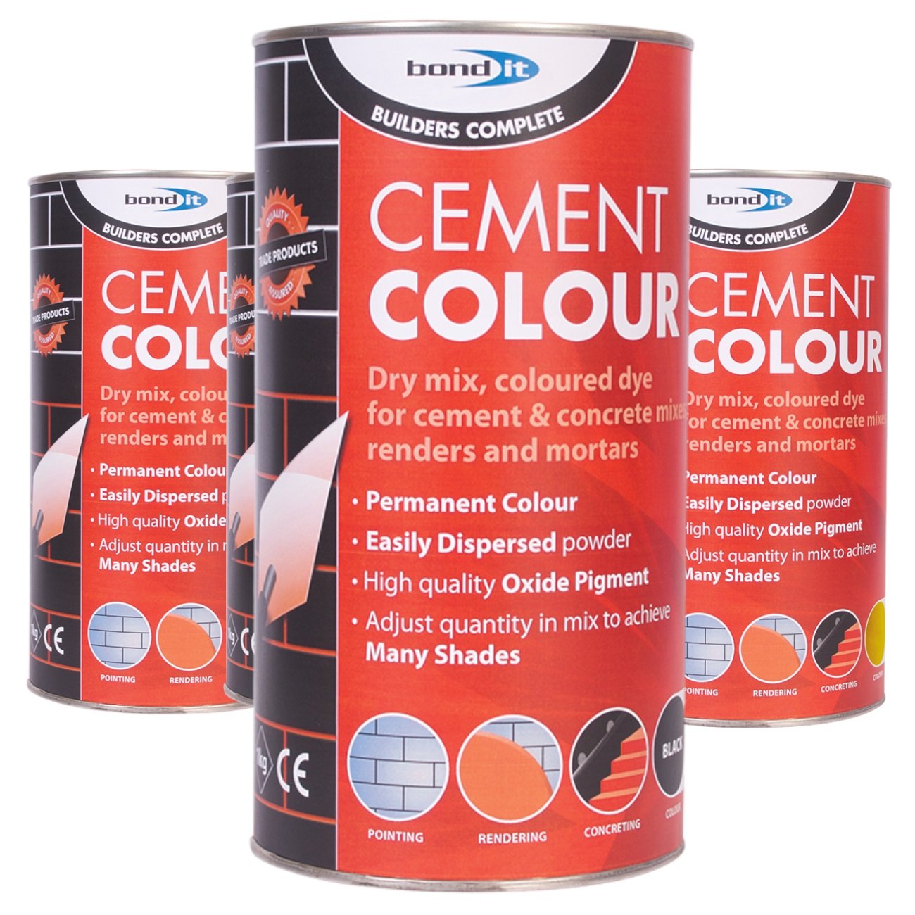 Assorted powdered colour dyes for cement and mortar – black, brown, red, yellow