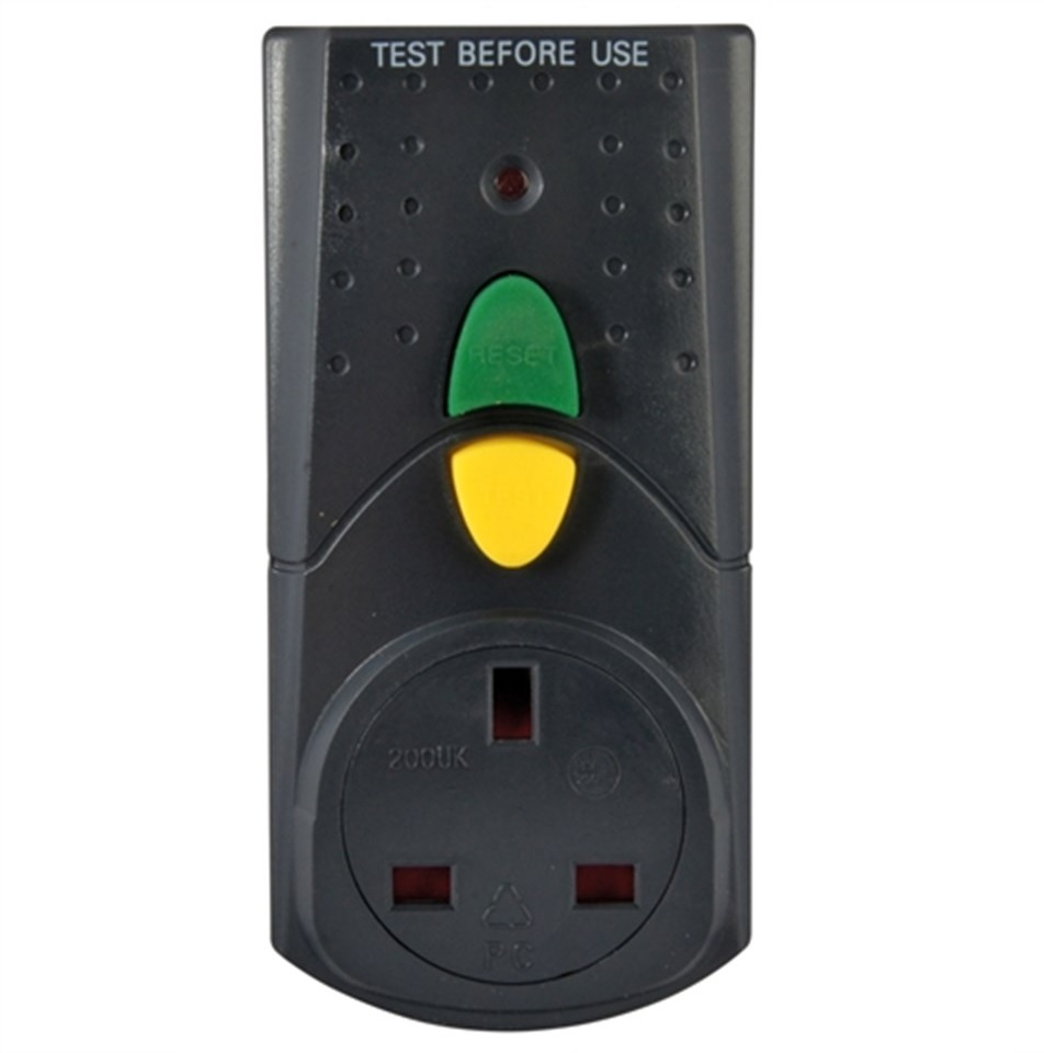 Black Faithfull RCD adaptor plug with test-before-use and reset controls