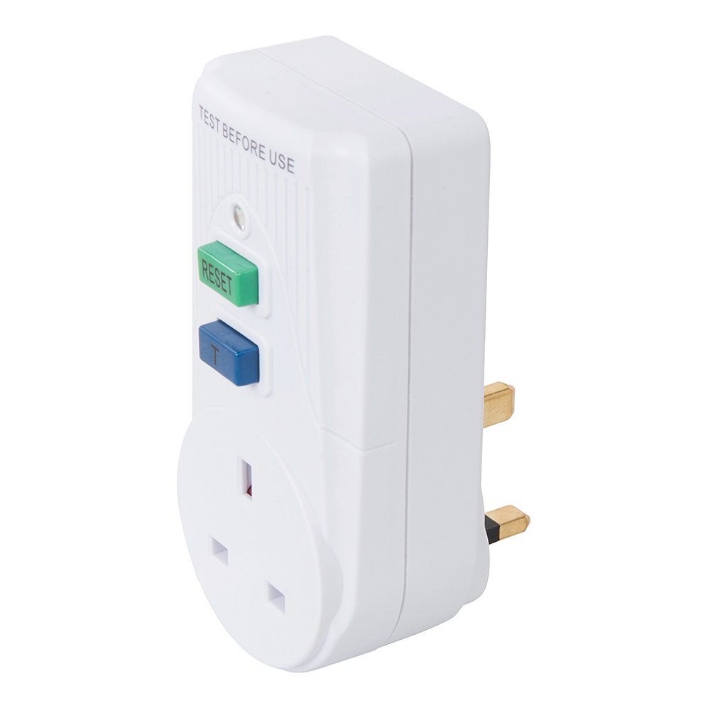 White Faithfull safety plug adaptor featuring green test and blue reset buttons