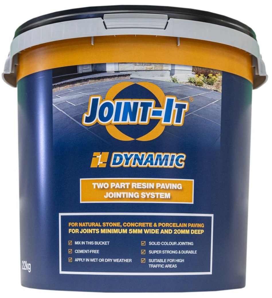 Black-labelled Joint-It Dynamic resin compound container for stone, concrete, and porcelain paving joints