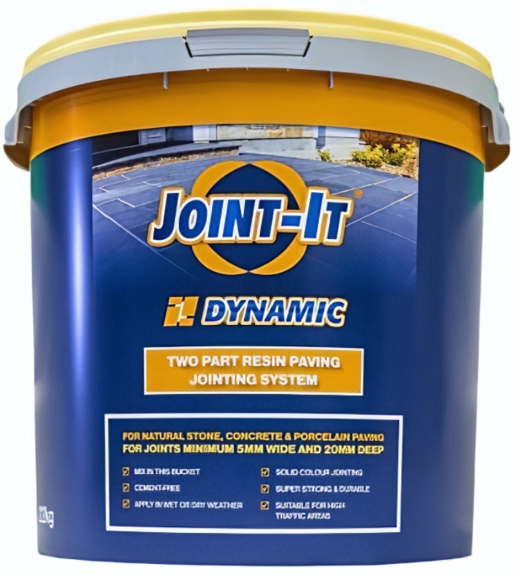 Bucket of Joint-It Dynamic two-part resin paving jointing system in buff colour, for outdoor stone surfaces