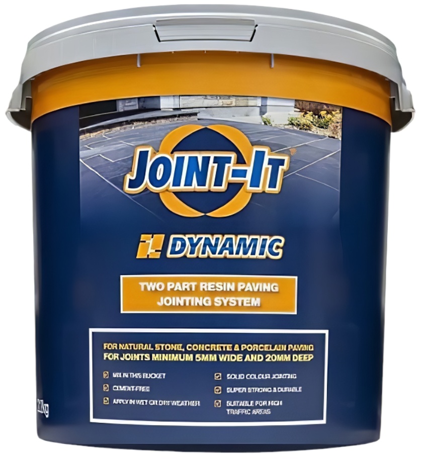 Grey-labelled container of Joint-It Dynamic two-part paving jointing resin for natural stone and porcelain paving