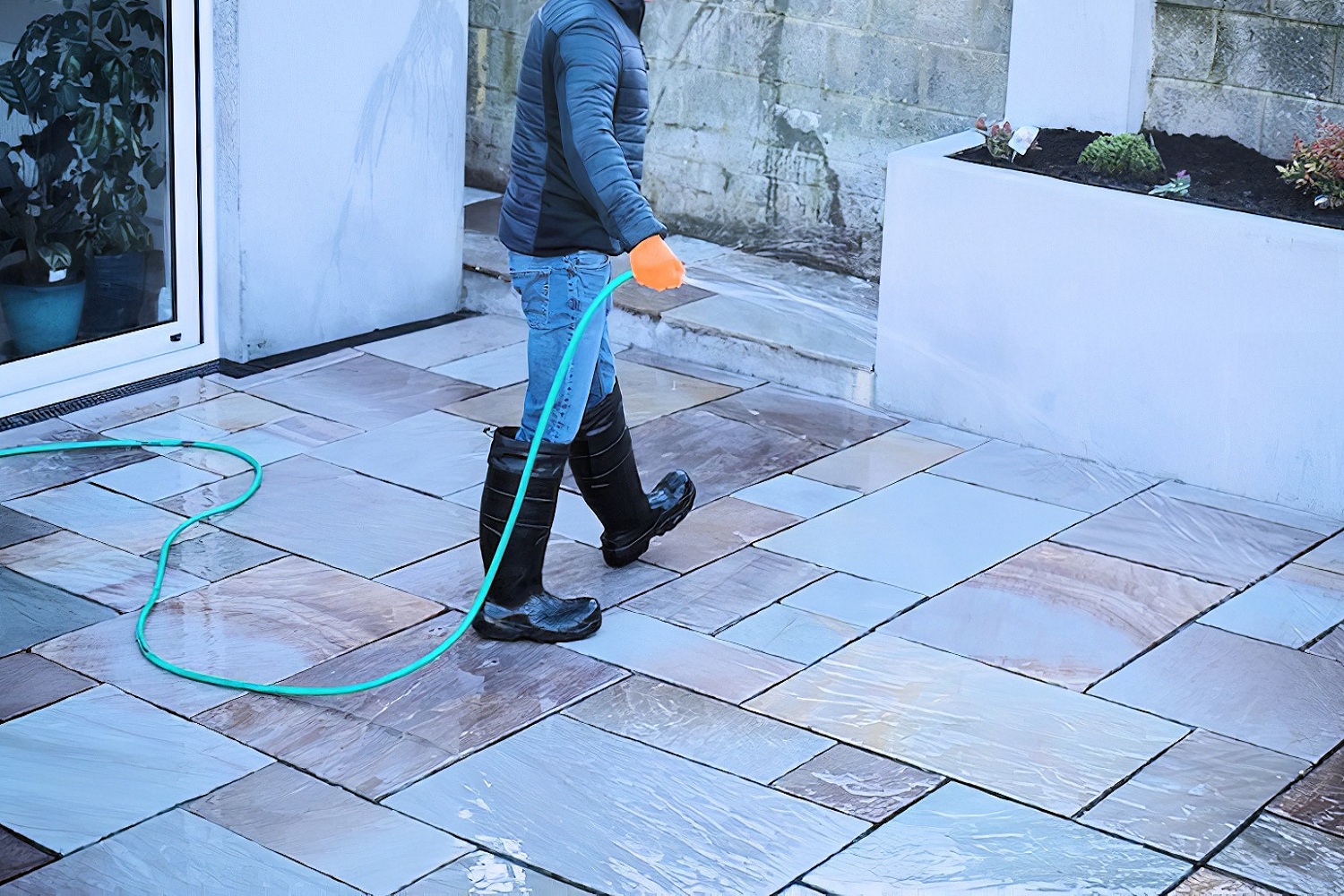 Person soaking paving with hose before applying two-part resin jointing system