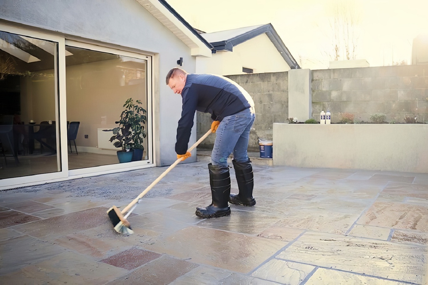 Person using a broom to remove excess jointing compound from stone paving after resin application
