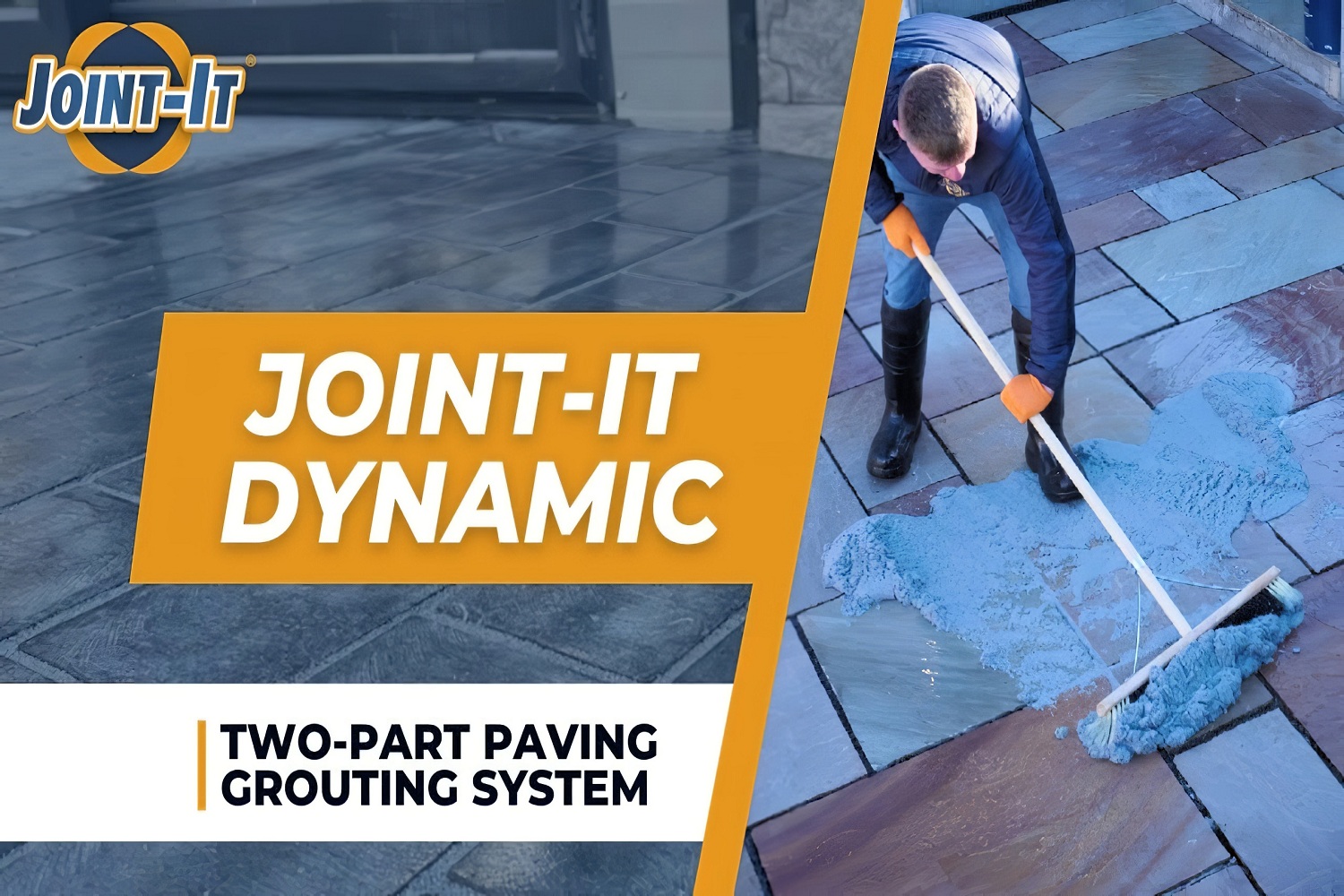 Person brushing blue jointing compound into paving joints using the Joint-It Dynamic resin system