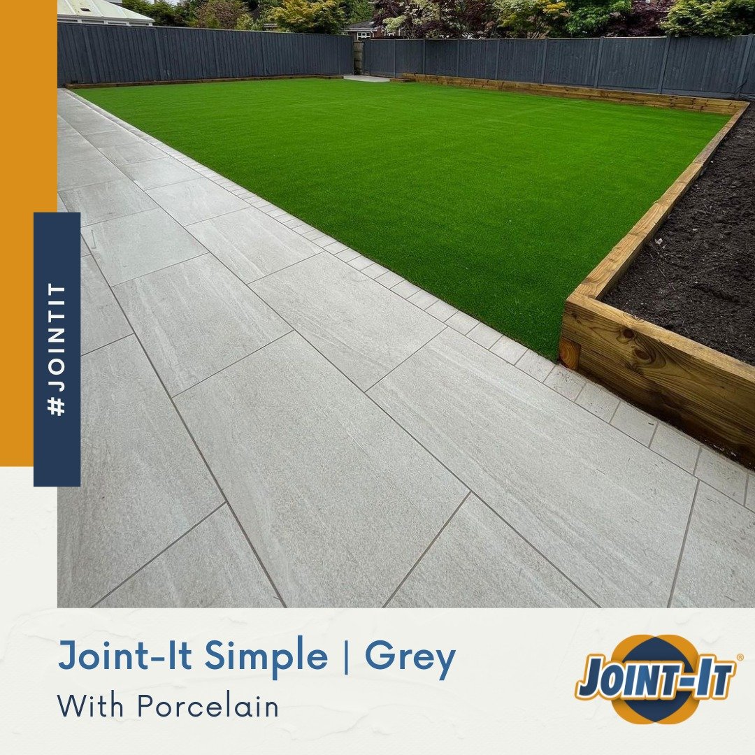 Grey porcelain paving next to an artificial lawn using Joint-It Simple