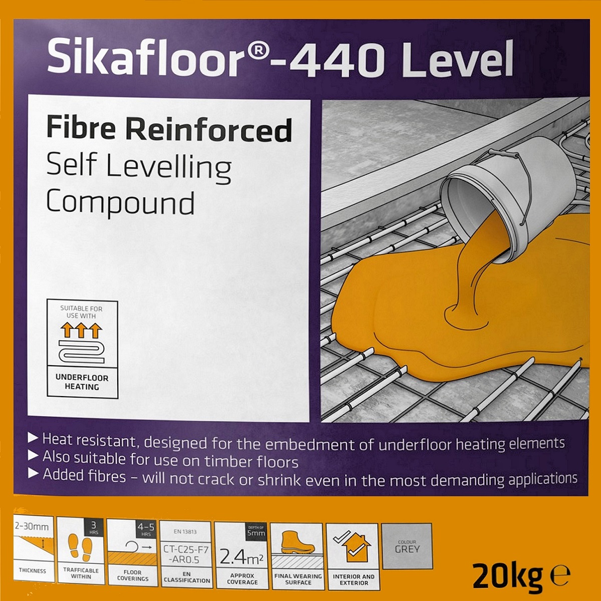 Sikafloor-440 Level fibre reinforced self levelling compound packaging with underfloor heating suitability