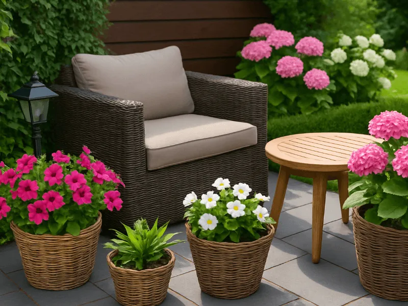 Outdoor seating area with colourful plants Garden Accessories and Decor