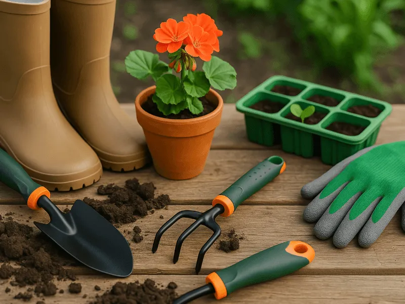 Garden equipment with orange flower in pot Garden Tools and Equipment