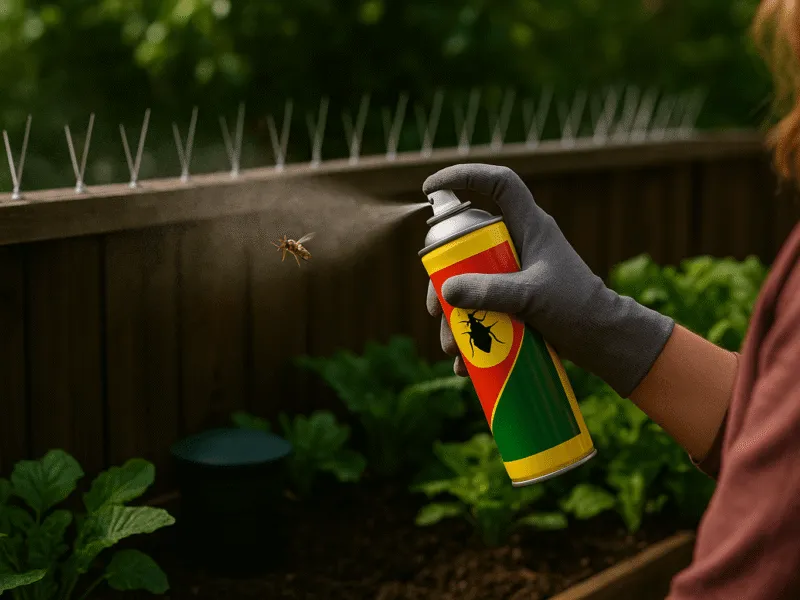 Spraying wasp repellent with visible bird spikes and slug control traps – bird and pest protection and security in action Bird and Pest Protection and Security