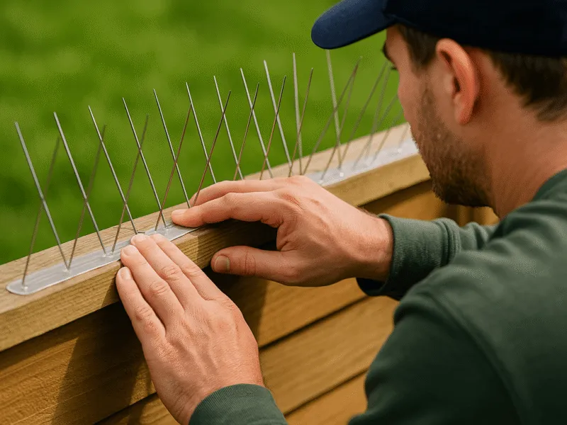 Fixman bird deterrent spikes installed on garden fence – bird control in action Bird Control