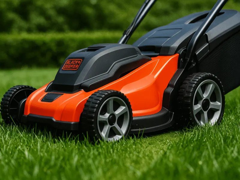Close-up mowing action using a Black and Decker electric lawn mower Garden Tools