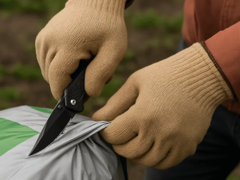 Safely using a folding knife with gloves to open heavy-duty garden packaging outdoors Knives