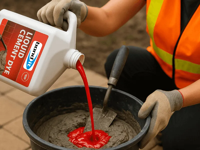 Liquid cement dye being poured into mortar mix on a residential paving job site Cement Mortar Concrete Coloured Dye