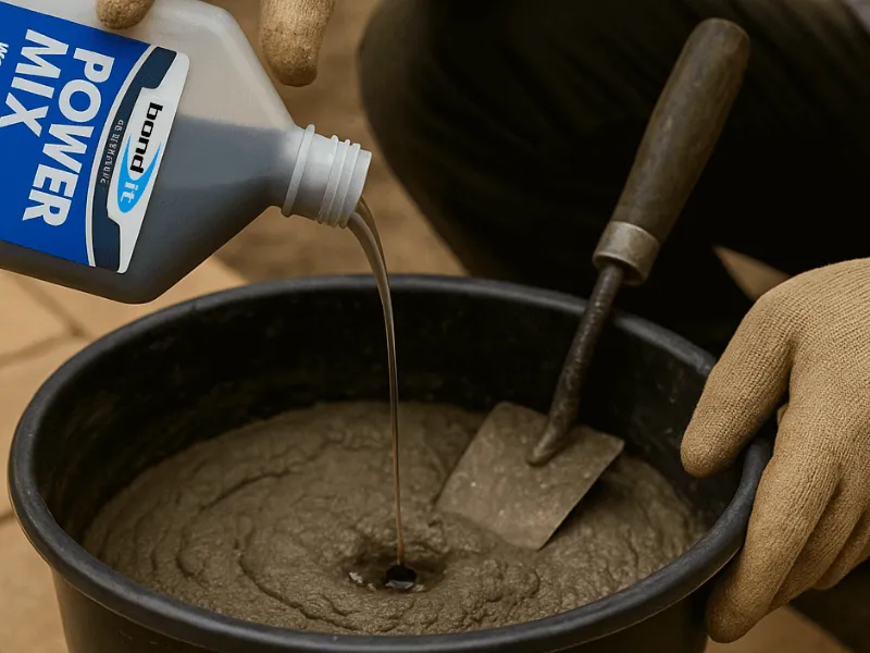 Pouring concentrated mortar plasticiser into wet cement during outdoor paving work Concentrated Admixtures