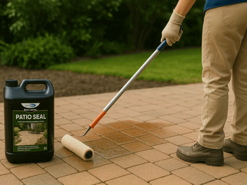 Applying Bond It patio seal block paving and slab sealer with a roller on a garden path Drive Alive Patio Seal Block Paving and Slab Sealer