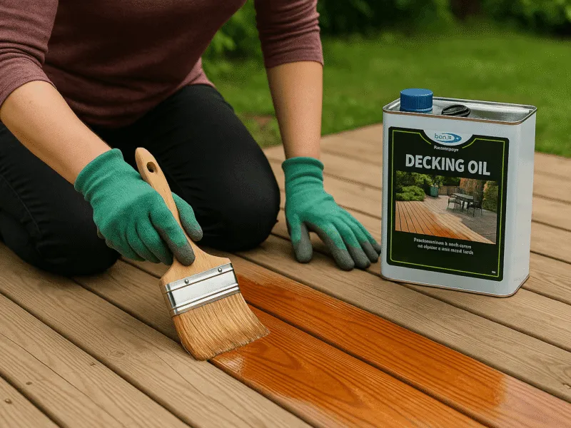 Applying Bond It decking oil with a brush to treat garden wood decking Garden Wood Decking Cleaners and Oil Treatments