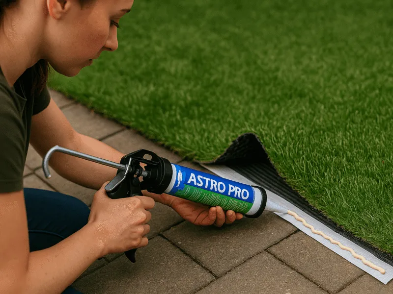 Woman applying Bond It Astro Pro adhesive beneath artificial turf for accurate seaming Silicone and Sealant