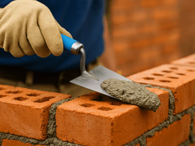 Bricklayer Using Trowel to Apply Mortar on Part-Built Wall Trowels