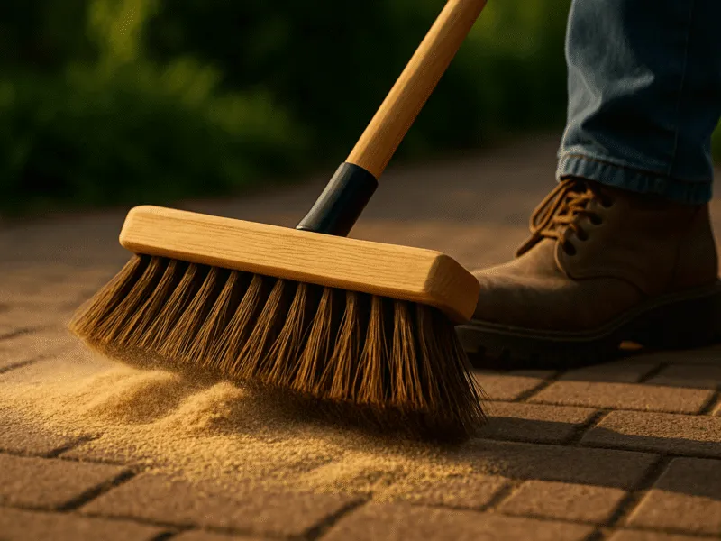Outdoor broom sweeping sand from block paving on a sunny day Brooms and Hand Brushes