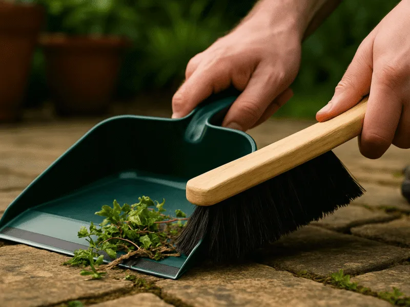 Dustpan and hand brush clearing garden weeds from stone patio surface Brooms Brushes and Pans