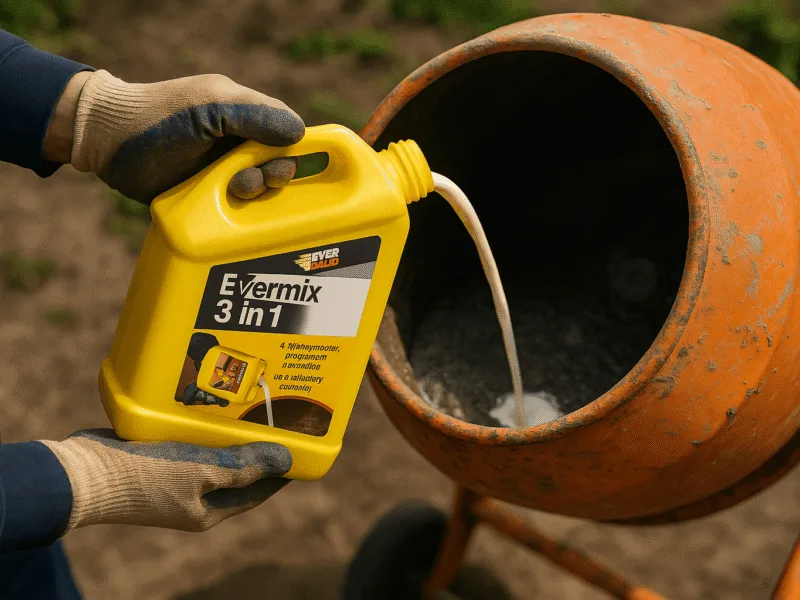 Contractor pouring Evermix 3 in 1 into cement mixer for outdoor rendering work Building Admixtures