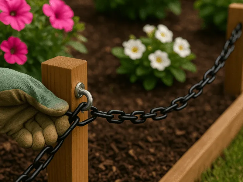 Fixman Black Chain Securing a Garden Border Post in a Flower Bed Chains and Rigging