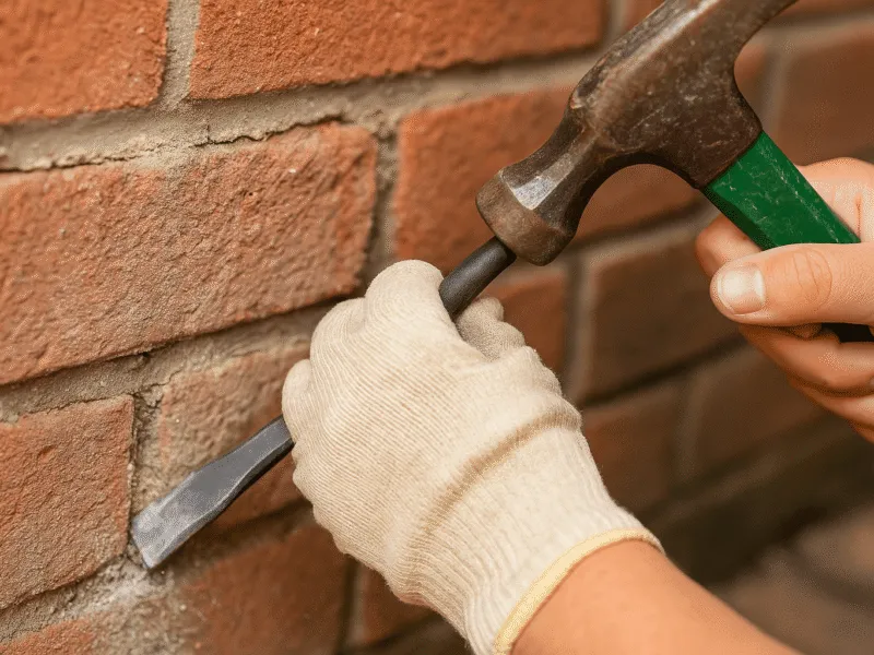 Worker using chisel and hammer to remove mortar between bricks – masonry tools in use Chisels and Masonry Tools