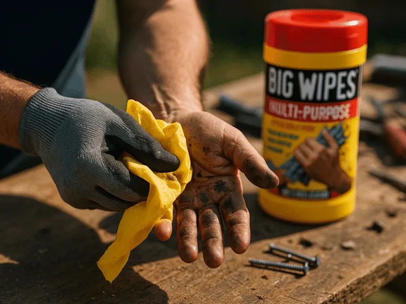 Contractor Using Heavy-Duty Cleaning Wipes on Greasy Hands in Workshop Cleaning and Surface Preparation