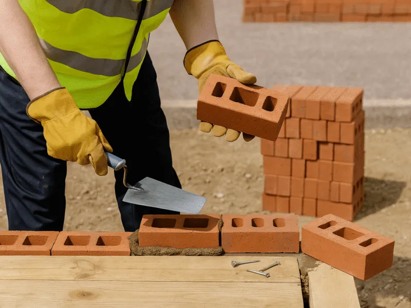 Construction worker using site tools to position bricks on a building project Contractors Site Tools