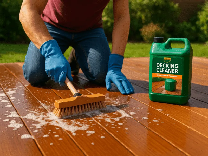 Person Cleaning Decking with Brush and Cleaner Decking Cleaners