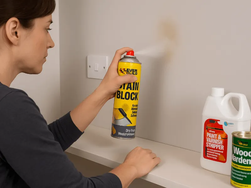 Applying Everbuild Stain Block during indoor prep work for decorating sundries Decorating Sundries