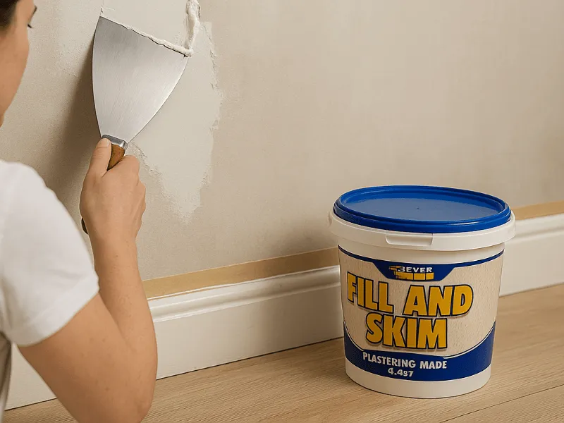 Applying Everbuild Fill and Skim on interior wall for Decorators Filler use Decorators Filler