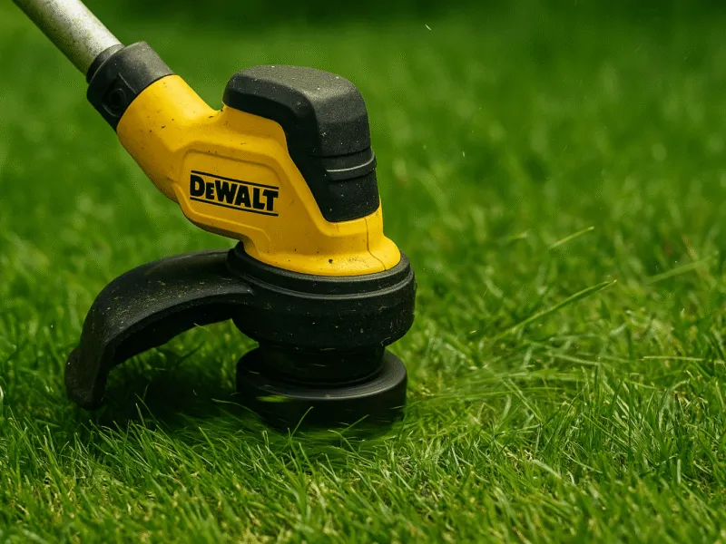 Close-up of a DeWalt cordless garden trimmer in action cutting grass Garden